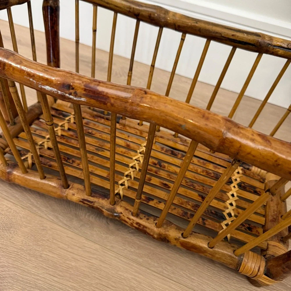 RARE Vintage 1980 Burnt Bamboo Magazine Rack Tortoise Shel Rattan Storage Basket